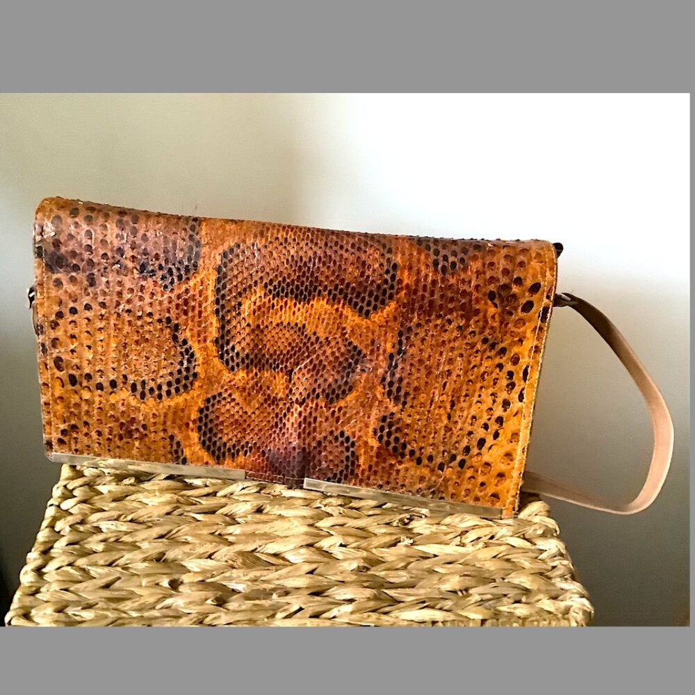 Custom handmade Vintage Brown Python Snake Skin Leather Envelope Clutch Handbag